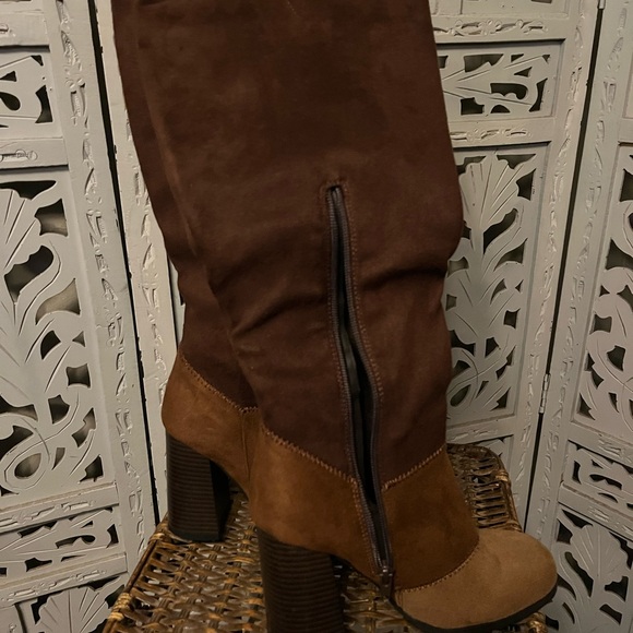 MONACO Simply lovely brown & tan suede style chunk heel zip up tall boots - Picture 3 of 7